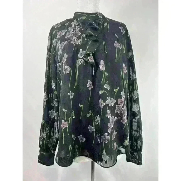 Lauren Ralph Lauren Women's Floral Sheer Sleeve Ruffle‎ Front Blouse Size 16 - Picture 1 of 8